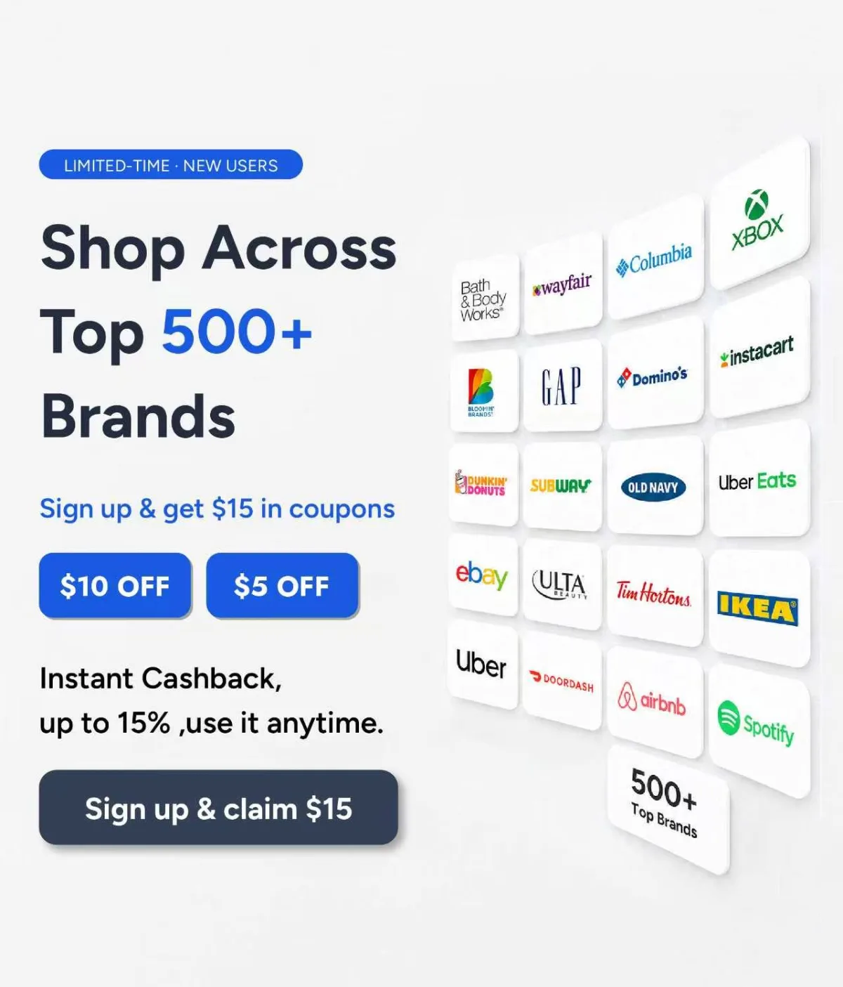 Sign up and get $15 in coupons across 500+ brands